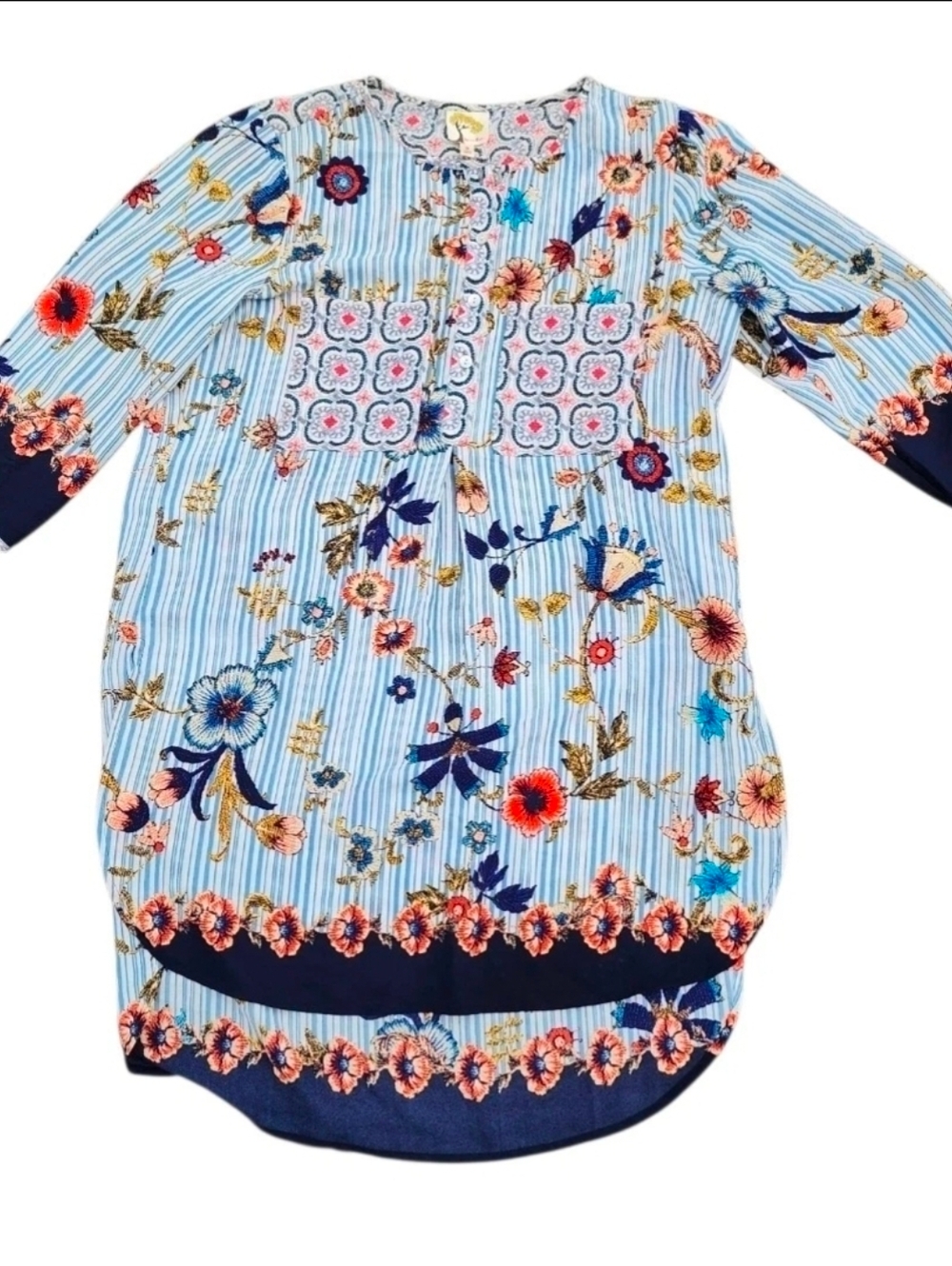 Fig & Flower Top Womens Small Blue Stripe Floral Boho Tunic Blouse